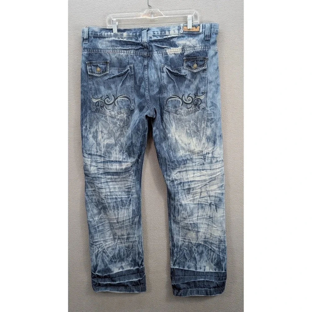 Indigo-30‎ Acid Wash Denim Jeans Men's 40x32 Blue Embellished Relaxed Fit Grunge